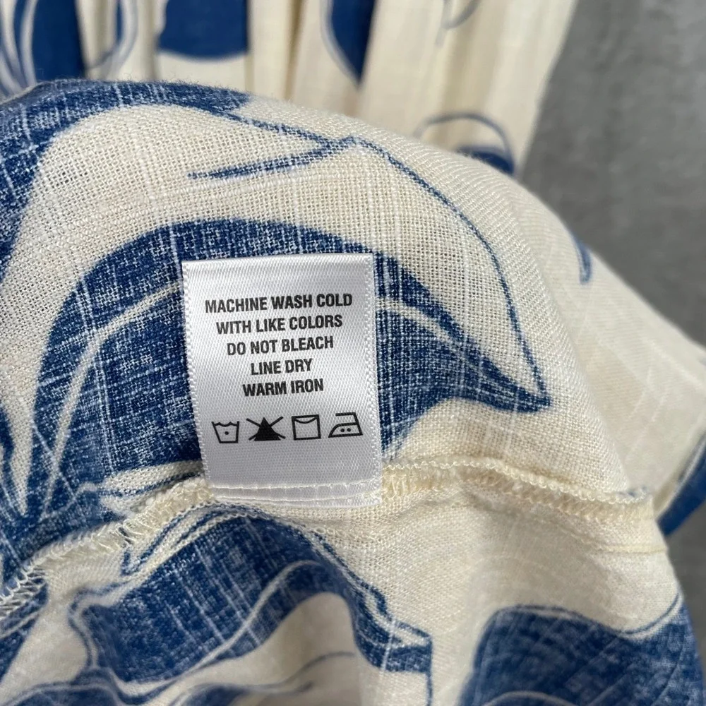 MSK Blue Tropical Leaf Print Tiered Maxi Dress Linen Blend Tie Front Pockets M - Picture 9 of 9
